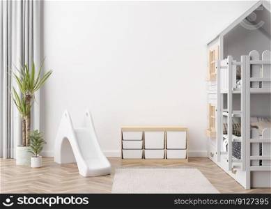 Empty white wall in modern child room. Mock up interior in scandinavian style. Copy space for your artwork, picture or poster. Bed, slide. Cozy room for kids. 3D rendering. Empty white wall in modern child room. Mock up interior in scandinavian style. Copy space for your artwork, picture or poster. Bed, slide. Cozy room for kids. 3D rendering.