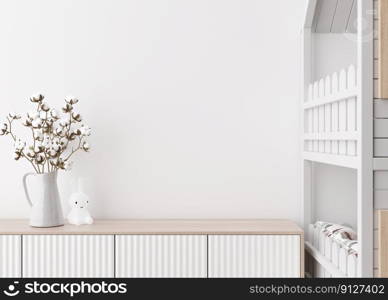 Empty white wall in modern child room. Mock up interior in scandinavian style. Copy space for your picture or poster. Bed, sideboard, cotton plant in vase. Cozy room for kids. 3D rendering. Empty white wall in modern child room. Mock up interior in scandinavian style. Copy space for your picture or poster. Bed, sideboard, cotton plant in vase. Cozy room for kids. 3D rendering.
