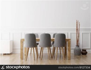 Empty white wall in modern dining room. Mock up interior in classic style. Free space, copy space for your picture, text, or another design. Dinig table with grey chairs, parquet floor. 3D rendering. Empty white wall in modern dining room. Mock up interior in classic style. Free space, copy space for your picture, text, or another design. Dinig table with grey chairs, parquet floor. 3D rendering.