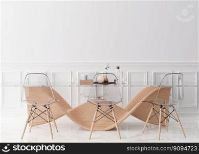 Empty white wall in modern dining room. Mock up interior in contemporary style. Free space, copy space for your picture, text, or another design. Dining table with chairs, parquet floor. 3D rendering. Empty white wall in modern dining room. Mock up interior in contemporary style. Free space, copy space for your picture, text, or another design. Dining table with chairs, parquet floor. 3D rendering.