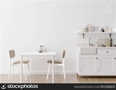 Empty white wall in modern kitchen. Mock up interior in minimalist, contemporary style. Free space, copy space for your picture, text, or another design. Table, chairs. 3D rendering. Empty white wall in modern kitchen. Mock up interior in minimalist, contemporary style. Free space, copy space for your picture, text, or another design. Table, chairs. 3D rendering.