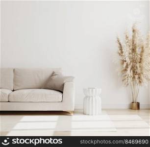 Empty white wall in modern living room interior background in biege colours, living room interior mock up, scandinavian style, 3d rendering