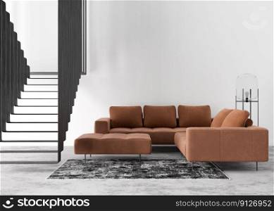 Empty white wall in modern living room. Mock up interior in contemporary, loft style. Free, copy space for your picture, text, or another design. Sofa, l&, carpet, stairs. 3D rendering. Empty white wall in modern living room. Mock up interior in contemporary, loft style. Free, copy space for your picture, text, or another design. Sofa, l&, carpet, stairs. 3D rendering.