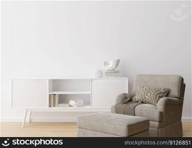 Empty white wall in modern living room. Mock up interior in contemporary, scandinavian style. Free, copy space for picture, poster, text, or another design. Armchair, console, sculpture. 3D rendering. Empty white wall in modern living room. Mock up interior in contemporary, scandinavian style. Free, copy space for picture, poster, text, or another design. Armchair, console, sculpture. 3D rendering.