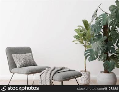 Empty white wall in modern living room. Mock up interior in contemporary, scandinavian style. Free, copy space for picture, poster, text, or another design. Armchair, plants. 3D rendering. Empty white wall in modern living room. Mock up interior in contemporary, scandinavian style. Free, copy space for picture, poster, text, or another design. Armchair, plants. 3D rendering.