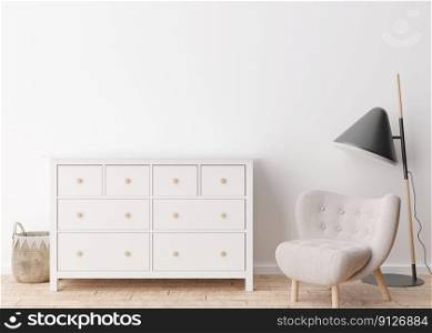 Empty white wall in modern living room. Mock up interior in contemporary, scandinavian style. Free, copy space for picture, poster, text, or another design. Armchair, console, lamp. 3D rendering. Empty white wall in modern living room. Mock up interior in contemporary, scandinavian style. Free, copy space for picture, poster, text, or another design. Armchair, console, lamp. 3D rendering.