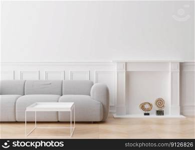 Empty white wall in modern living room. Mock up interior in contemporary style. Free, copy space for picture, poster, text, or another design. Sofa, table, sculptures. 3D rendering. Empty white wall in modern living room. Mock up interior in contemporary style. Free, copy space for picture, poster, text, or another design. Sofa, table, sculptures. 3D rendering.