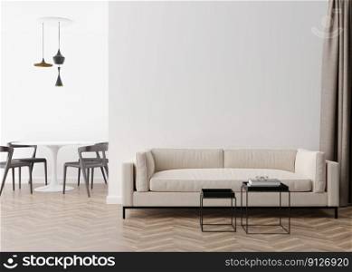 Empty white wall in modern living room. Mock up interior in contemporary style. Free, copy space for picture, poster, text, or another design. Sofa, table, chairs. 3D rendering. Empty white wall in modern living room. Mock up interior in contemporary style. Free, copy space for picture, poster, text, or another design. Sofa, table, chairs. 3D rendering.