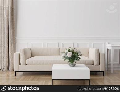Empty white wall in modern living room. Mock up interior in contemporary style. Free, copy space for picture, poster, text, or another design. Sofa, table, flowers. 3D rendering. Empty white wall in modern living room. Mock up interior in contemporary style. Free, copy space for picture, poster, text, or another design. Sofa, table, flowers. 3D rendering.