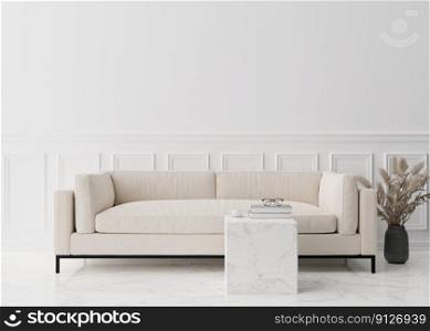 Empty white wall in modern living room. Mock up interior in contemporary style. Free, copy space for picture, poster, text, or another design. Sofa, table, pampas grass. 3D rendering. Empty white wall in modern living room. Mock up interior in contemporary style. Free, copy space for picture, poster, text, or another design. Sofa, table, pampas grass. 3D rendering.
