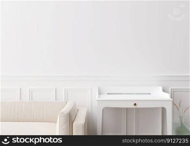 Empty white wall in modern living room. Mock up interior in contemporary style. Free, copy space for your picture, text, or another design. Sofa, table, vase with dried grass. 3D rendering. Empty white wall in modern living room. Mock up interior in contemporary style. Free, copy space for your picture, text, or another design. Sofa, table, vase with dried grass. 3D rendering.