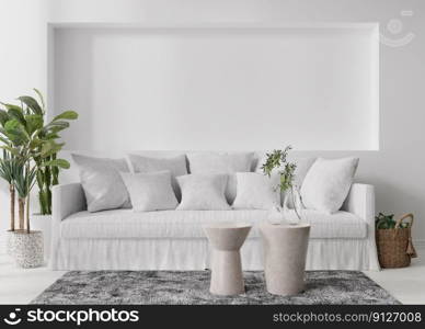 Empty white wall in modern living room. Mock up interior in minimalist, scandinavian style. Free, copy space for your picture, text, or another design. Sofa, plants, tables. 3D rendering. Empty white wall in modern living room. Mock up interior in minimalist, scandinavian style. Free, copy space for your picture, text, or another design. Sofa, plants, tables. 3D rendering.