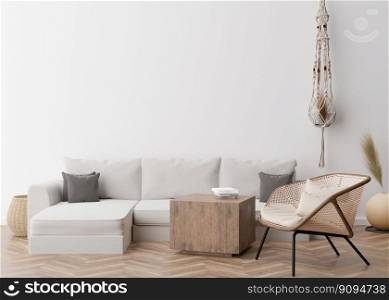 Empty white wall in modern living room. Mock up interior in scandinavian, boho style. Free space, copy space for your picture or poster. Rattan armchair, sofa, p&as grass, macrame. 3D rendering. Empty white wall in modern living room. Mock up interior in scandinavian, boho style. Free space, copy space for your picture or poster. Rattan armchair, sofa, p&as grass, macrame. 3D rendering.