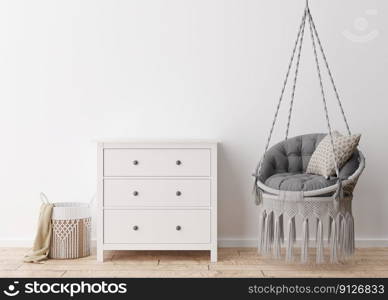 Empty white wall in modern living room. Mock up interior in scandinavian, boho style. Free, copy space for your picture or poster. Console, rattan basket, hanging armchair. 3D rendering. Empty white wall in modern living room. Mock up interior in scandinavian, boho style. Free, copy space for your picture or poster. Console, rattan basket, hanging armchair. 3D rendering.