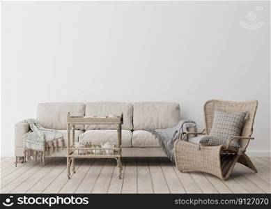 Empty white wall in modern living room. Mock up interior in scandinavian, boho style. Free, copy space for your picture, text, or another design. Sofa, rattan armchair, macrame. 3D rendering. Empty white wall in modern living room. Mock up interior in scandinavian, boho style. Free, copy space for your picture, text, or another design. Sofa, rattan armchair, macrame. 3D rendering.