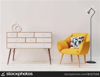 Empty white wall in modern living room. Mock up interior in scandinavian, minimalist style. Free space, copy space for your picture, text, or another design. Console and yellow armchair. 3D rendering. Empty white wall in modern living room. Mock up interior in scandinavian, minimalist style. Free space, copy space for your picture, text, or another design. Console and yellow armchair. 3D rendering.