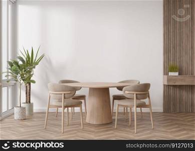 Empty white wall in modern living room. Mock up interior in scandinavian style. Free, copy space for your picture, text, or another design. Table with chairs, plants. 3D rendering. Empty white wall in modern living room. Mock up interior in scandinavian style. Free, copy space for your picture, text, or another design. Table with chairs, plants. 3D rendering.