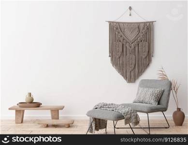 Empty white wall in modern living room. Mockup interior in scandinavian, boho style. Free, copy space for your picture, text, or another design. Armchair, macrame, vase with dried grass. 3D rendering. Empty white wall in modern living room. Mock up interior in scandinavian, boho style. Free, copy space for your picture, text, or another design. Armchair, macrame, vase with dried grass. 3D rendering