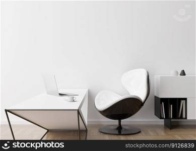 Empty white wall in modern room. Mock up interior in contemporary style. Free, copy space for picture, poster, text, or another design. Console, desk, chair, books, laptop. 3D rendering. Empty white wall in modern room. Mock up interior in contemporary style. Free, copy space for picture, poster, text, or another design. Console, desk, chair, books, laptop. 3D rendering.