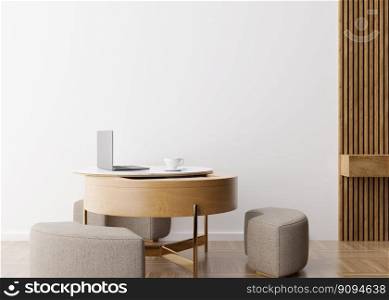 Empty white wall in modern room. Mock up interior in minimalist, contemporary style. Free space, copy space for your picture, text, or another design. Table, cup with coffee, laptop. 3D rendering. Empty white wall in modern room. Mock up interior in minimalist, contemporary style. Free space, copy space for your picture, text, or another design. Table, cup with coffee, laptop. 3D rendering.