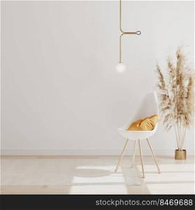 Empty white wall mock up in modern interior background with chair and p&as grass, luxury living room interior background, scandinavian style, 3d rendering