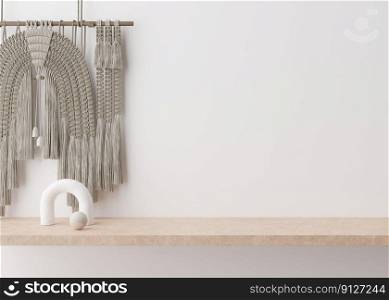 Empty white wall. Mock up interior. Close up view. Free, copy space for your picture or other small object. Shelve, macrame, sculpture. 3D rendering. Empty white wall. Mock up interior. Close up view. Free, copy space for your picture or other small object. Shelve, macrame, sculpture. 3D rendering.
