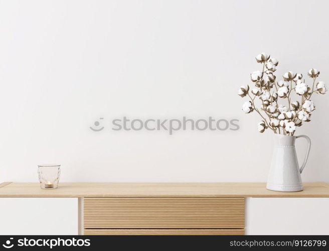 Empty white wall. Mock up interior in contemporary style. Close up view. Free space, copy space for your picture, text, or another design. Sideboard, cotton plant. 3D rendering. Empty white wall. Mock up interior in contemporary style. Close up view. Free space, copy space for your picture, text, or another design. Sideboard, cotton plant. 3D rendering.