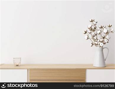 Empty white wall. Mock up interior in contemporary style. Close up view. Free space, copy space for your picture, text, or another design. Sideboard, cotton plant. 3D rendering. Empty white wall. Mock up interior in contemporary style. Close up view. Free space, copy space for your picture, text, or another design. Sideboard, cotton plant. 3D rendering.