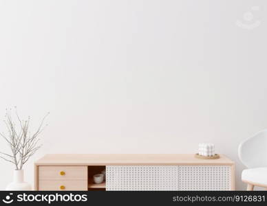 Empty white wall. Mock up interior in contemporary style. Close up view. Free space, copy space for your picture, text, or another design. Sideboard, plant. 3D rendering. Empty white wall. Mock up interior in contemporary style. Close up view. Free space, copy space for your picture, text, or another design. Sideboard, plant. 3D rendering.