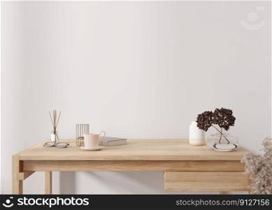 Empty white wall. Mock up interior in contemporary style. Close up view. Copy space for your picture, poster, text, or another design. Desk, vase with dried plants, other home accessories. 3D render. Empty white wall. Mock up interior in contemporary style. Close up view. Copy space for your picture, poster, text, or another design. Desk, vase with dried plants, other home accessories. 3D render.