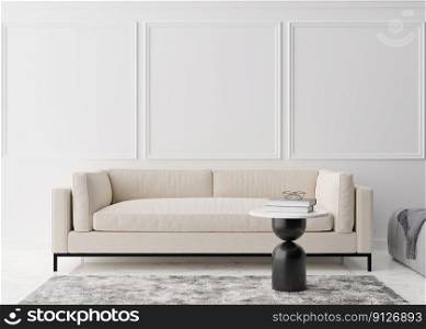 Empty white wall with moldings in modern living room. Mock up interior in contemporary style. Free, copy space for picture, poster, text, or another design. Sofa, table, carpet. 3D rendering. Empty white wall with moldings in modern living room. Mock up interior in contemporary style. Free, copy space for picture, poster, text, or another design. Sofa, table, carpet. 3D rendering.