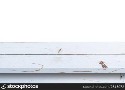Empty white wood table on isolate white background and display montage with copy space for product.