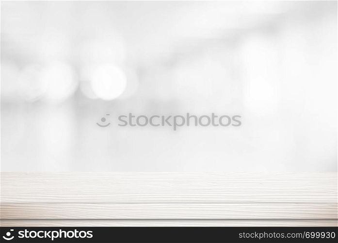 Empty white wood table over blur bokeh, vintage, background, template, product display montage