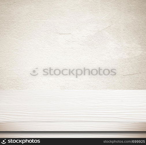 Empty white wood table over grunge cement wall, vintage, background, template, product display montage