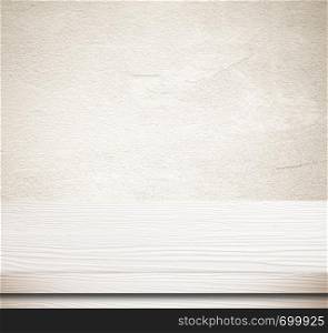 Empty white wood table over grunge cement wall, vintage, background, template, product display montage