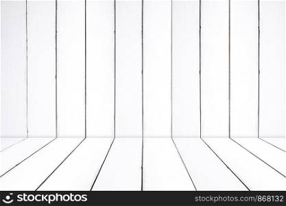 Empty white wooden room in perspective, interior design, vintage, grunge background, template, product display montage