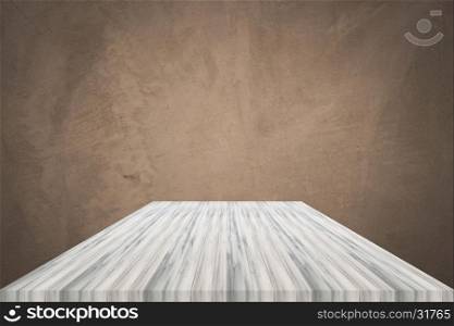Empty white wooden table top with concrete wall background. For product display