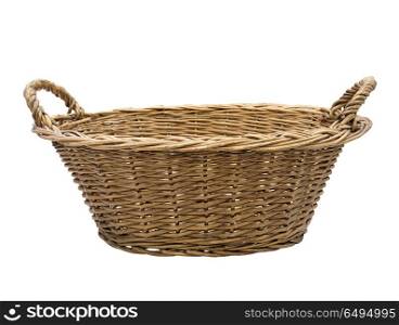 Empty wicker basket isolated on white background. Empty wicker basket