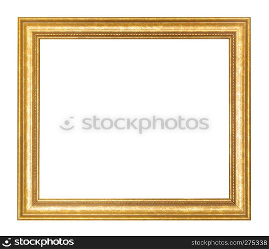 empty wide golden wooden picture frame with cut out canvas isolated on white background