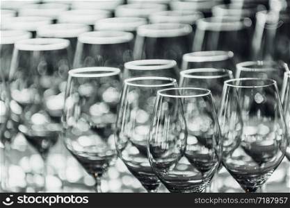 Empty wine glasses on table in restaurant,