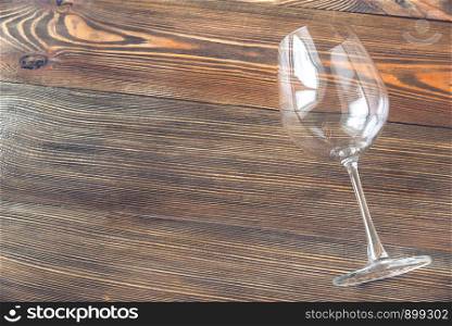 Empty wineglass on the wooden table: top view