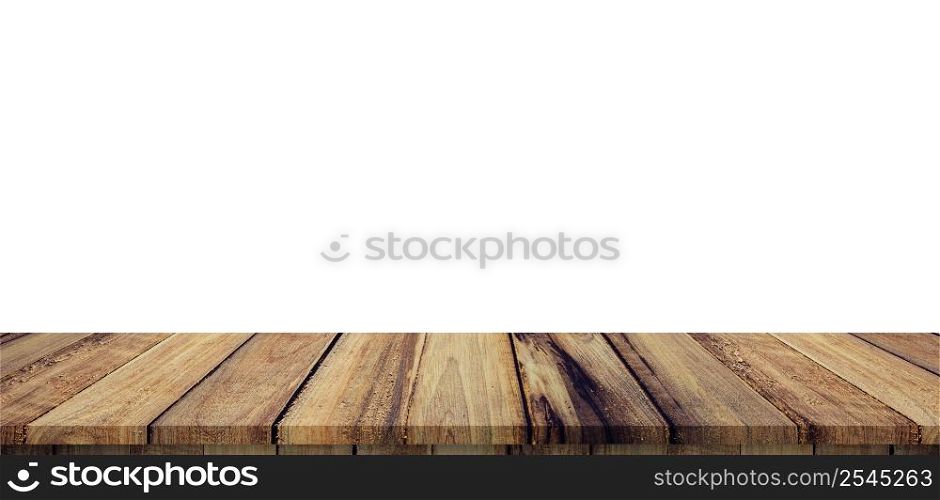 Empty wood table panorama on isolate white background and display montage with copy space for product.