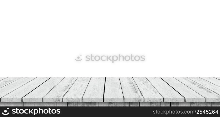 Empty wood table panorama on isolate white background and display montage with copy space for product.
