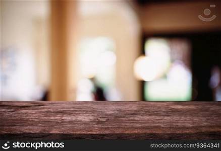 Empty wood table top and blur of out door garden background Empty wooden table space for text marketing promotion. blank wood table copy space background