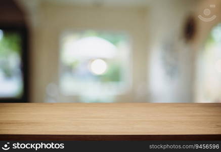 Empty wood table top and blur of out door garden background Empty wooden table space for text marketing promotion. blank wood table copy space background