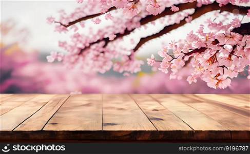 Empty wood table top and Sakura background. Mock up for display of product.
