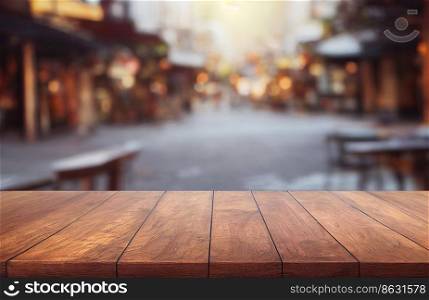 Empty wood table top on blur abstract of street restaurant outdoor and city background, for montage product display, 3d rendering