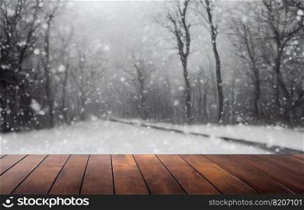 Empty wood table top on blur abstract of wild snow winter nature background, for montage product display, 3d rendering