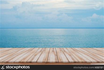 Empty wooden board with blue sea nature background, Travel, Summer concept can use for mock-up, montage products display or key visual design layout.