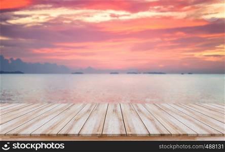 Empty wooden board with orange sky sunset nature background, Travel, Summer, Lifestyle concept can use for mock-up, design key visual layout, montage products display.